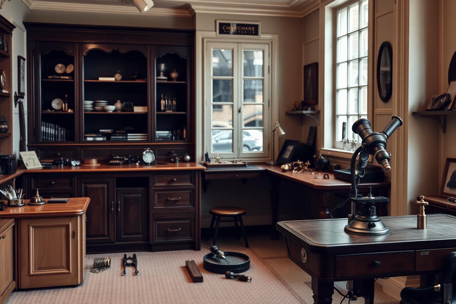 Valdauré atelier interior with watchmaker's bench and brass instruments