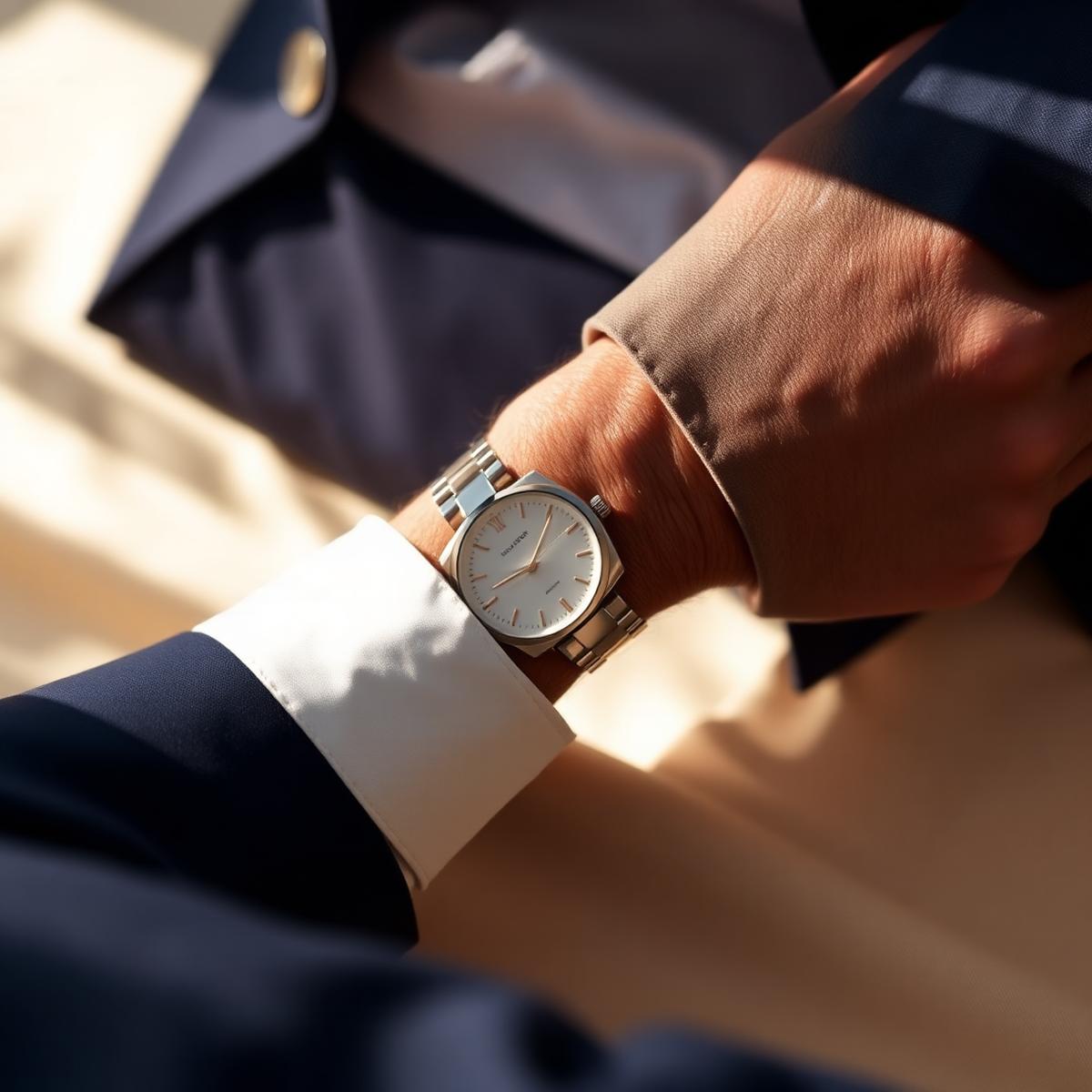 Le Classique dress watch on the wrist with a navy suit