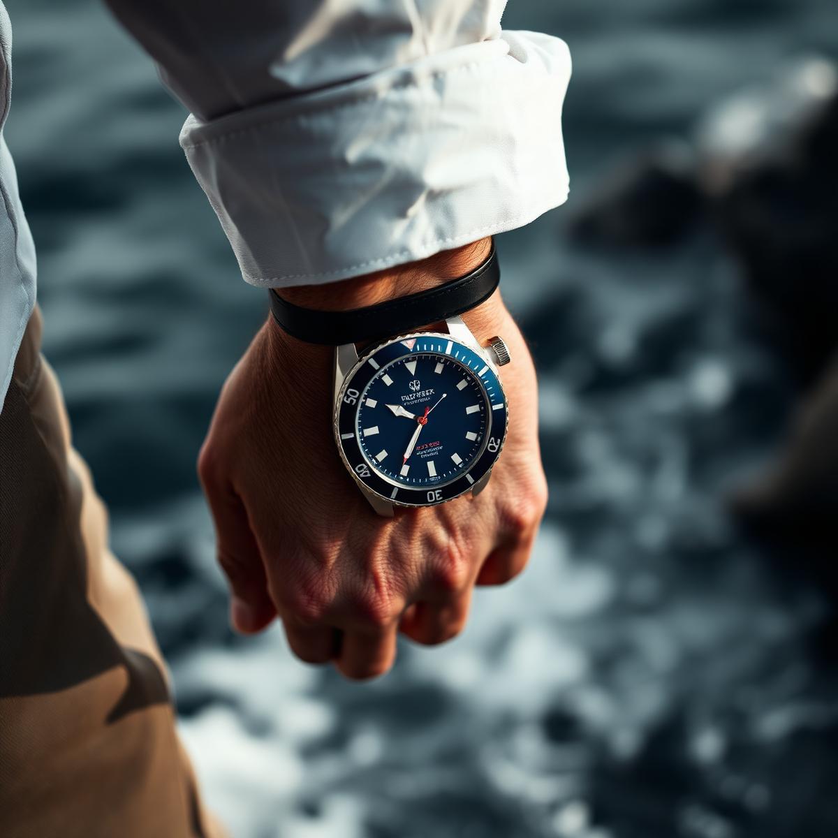 Le Plongeur diver watch on the wrist by the ocean