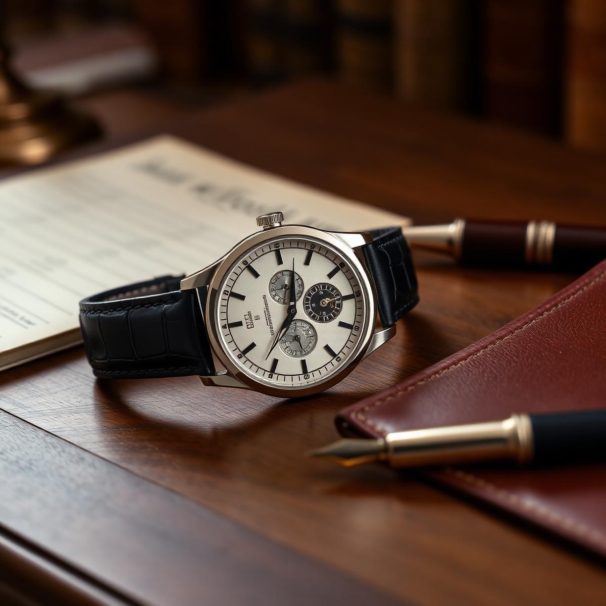 Le Tourbillon watch on a walnut desk with a fountain pen